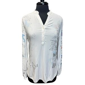Desigual White Graphic Lightweight Long Sleeve Tunic Top Size XS